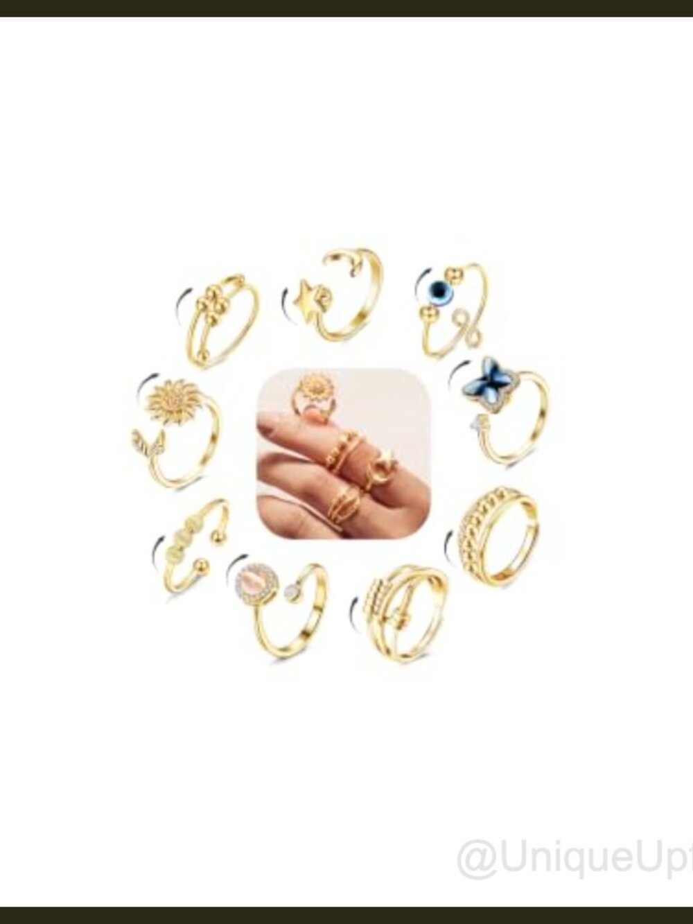 Fidget Anxiety Rings 9 Pc Set Adjustable Brass Spinner Rings Sz 5-10